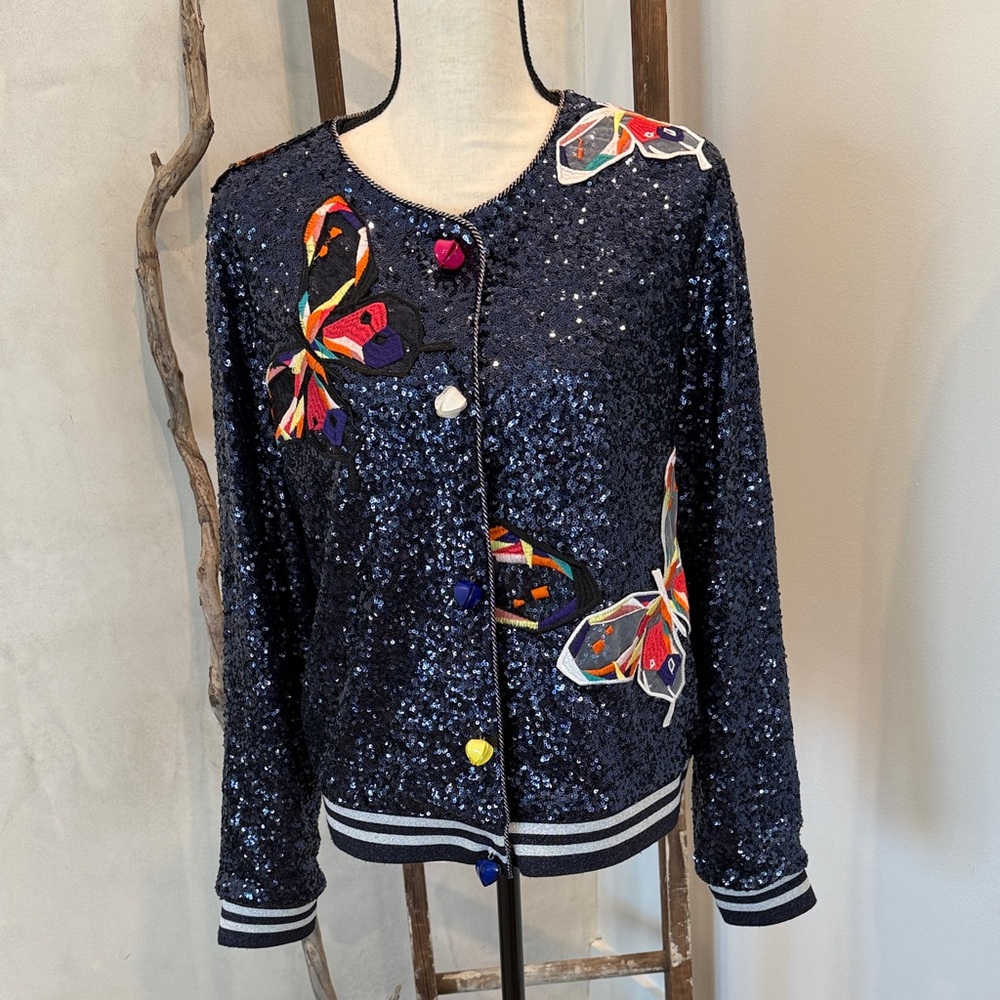 Alberto Makali Navy Sequin Bomber Jacket with Colorful Butterfly Accents